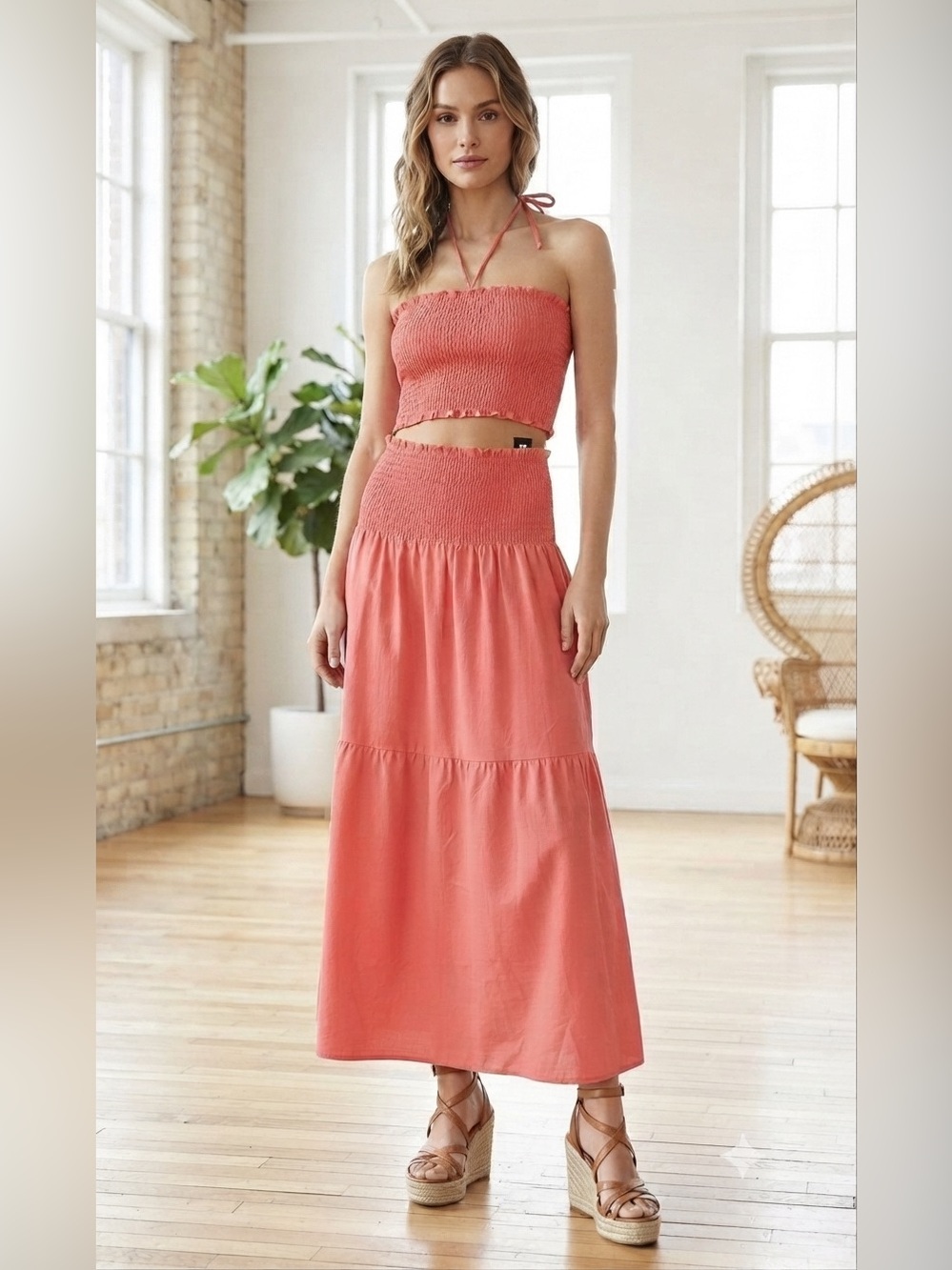 Bebe Smocked Halter Top & Maxi Skirt Set